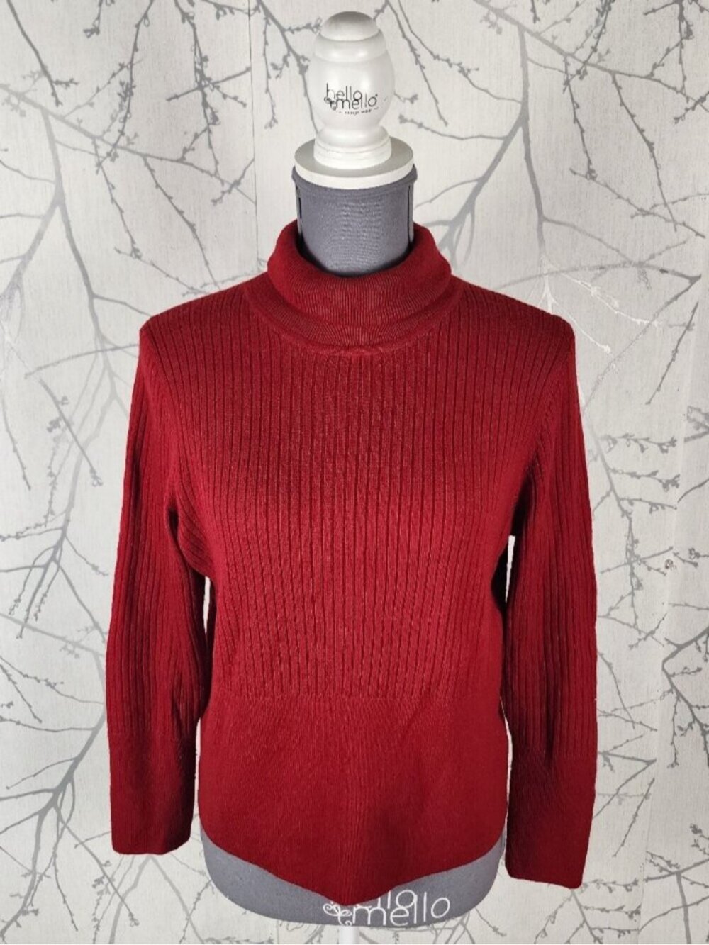 Halston Red 100% Merino Wool Ribbed Knit Turtleneck Sweater